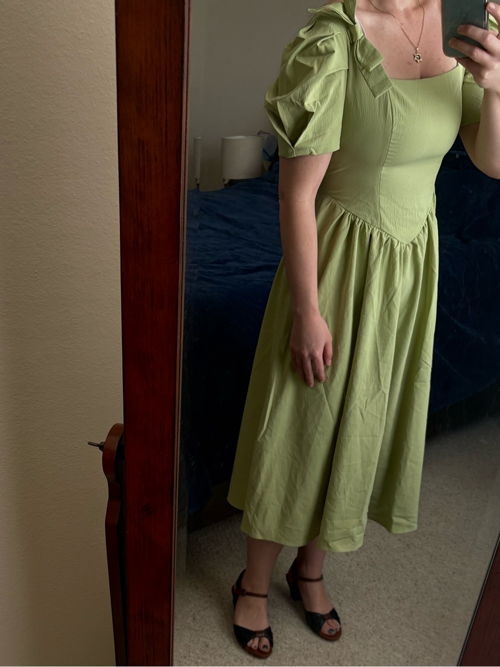 Cosy (Vietnamese brand) Light Lime Puff-Sleeve Midi Dress